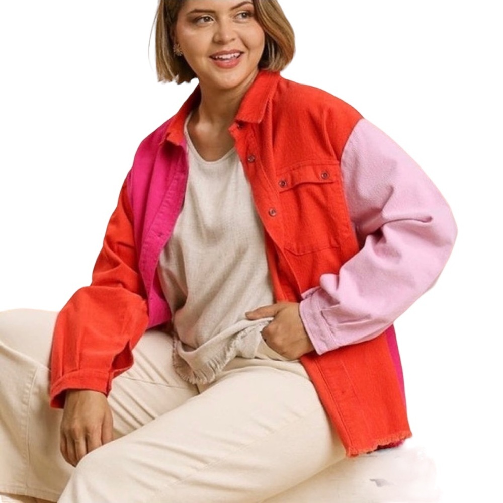 UMGEE Size L Colorblock Pink‎ Orange Corduroy Shacket Shirt Jacket - Picture 3 of 12